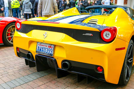 REDMOND, WA - APRIL 29, 2017: Yellow Ferrari at Exotic car show at Redmond Town Center. The Largest...