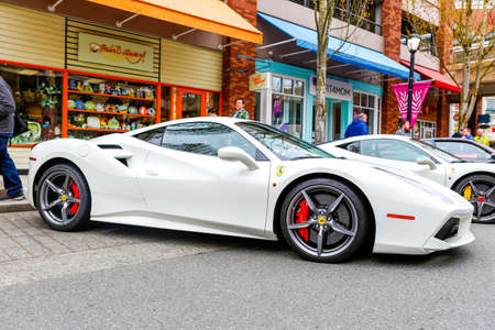 REDMOND, WA - APRIL 29, 2017: White Ferrari at Exotic car show at Redmond Town Center. The Largest...