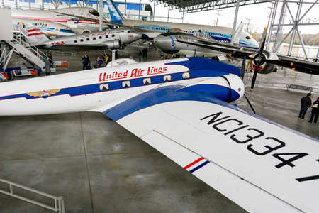 SEATTLE, WA - APRIL 8, 2017: The airliner exhibit presents the extremely rare Boeing 247D in tThe Museum of Flight's Aviation Pavilion, covered outside gallery.のeditorial素材