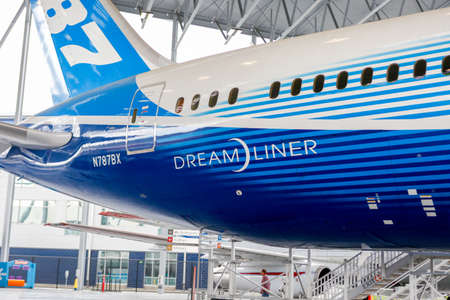 SEATTLE, WA - APRIL 8, 2017: Dreamliner N787BX in The Museum of Flight's Aviation Pavilion. Covered, outside gallery with 19 rare and unique commercial and military airplanes.のeditorial素材