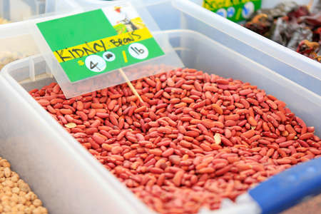 Close up view of Red kidney beans displayed for sale at the Farmers' Marketのeditorial素材