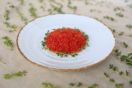 White plate of red caviar decorated with green sprigs of thyme on a table, healthy food concept, top view.の写真素材