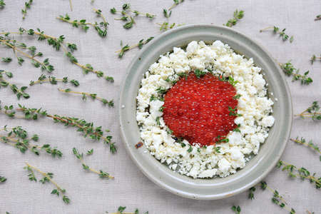Plate of red caviar with cottage cheese and green sprigs of thyme on a table, healthy food concept, top view.の写真素材
