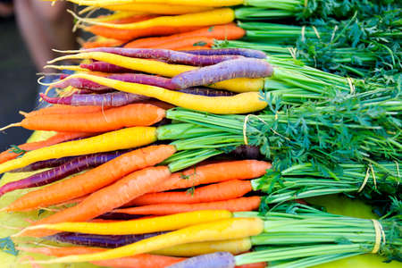 Fresh purple carrots and orange carrots on the background at the farmers marketの写真素材