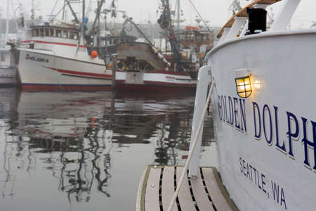 SEATTLE, WA - OCTOBER 28, 2017: A sailing boat named "Golden Dolphin" is docked at Fishermen's Terminal in Seattle.のeditorial素材