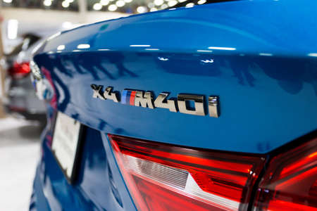 SEATTLE, WA - NOVEMBER 12, 2017: Seattle International Auto Show. Back part of the blue sporty...