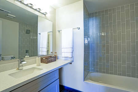 Warm and clean bathroom boasts grey glass tile shower surround and modern vanity cabinet with...