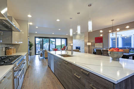 Sleek modern kitchen design with a kitchen peninsula fitted with a gray and white quartz countertop.の写真素材