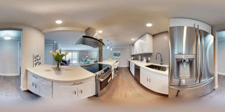 3d illustration spherical 360 degrees, a seamless panorama of white compact kitchen in modern studio apartment.の写真素材