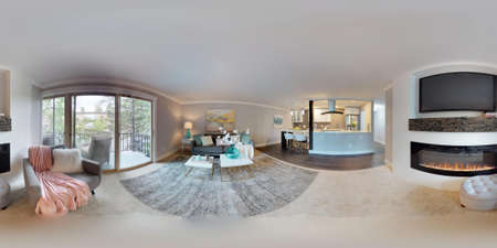 3d illustration spherical 360 degrees, a seamless panorama of living area and white compact kitchen room in modern studio apartment.の写真素材