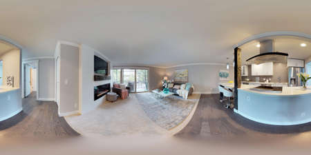 3d illustration spherical 360 degrees, a seamless panorama of living area and white compact kitchen room in modern studio apartment.の写真素材