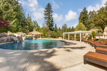 Beautifully landscaped backyard with a large pool, loungers and pergola.