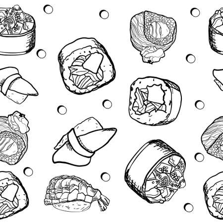 Sushi seamless pattern set on a white background. Delicious and beautiful Japanese food.のイラスト素材