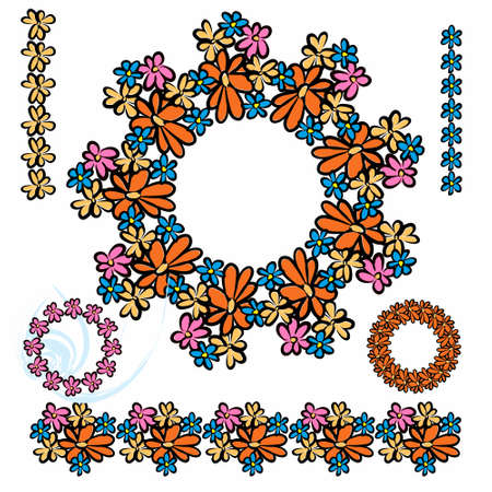 Set of frames, wreaths, floral, elements from flowers. Colored on an isolated background.のイラスト素材
