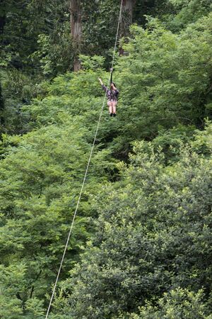 Zipline in an adventure parkの写真素材