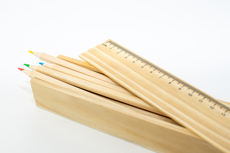Colored wooden pencils box isolatedの写真素材