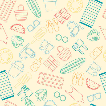 Seamless vector pattern designed with only linear elements of the beach or pool in summer, such as...