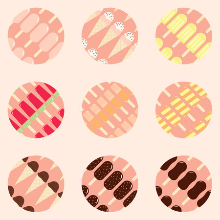 Icon set of 9 circles with different ice creams perfect for social media icons or webのイラスト素材
