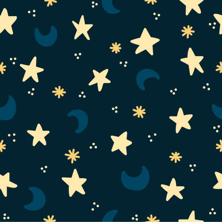 Seamless pattern of a night sky with yellow stars blue moons and dark blue background for a minimal and child designのイラスト素材