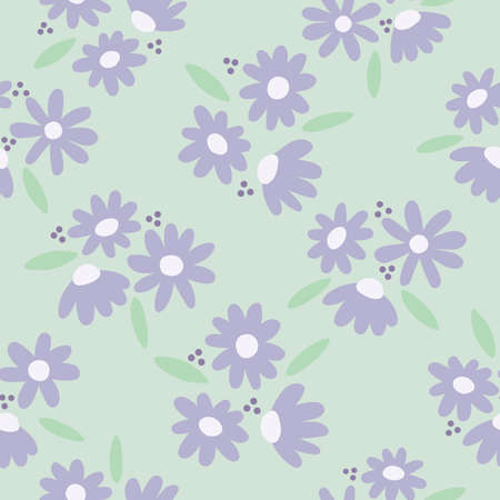 Seamless pattern of white and lilac daisy, with green leaves and dots with a minimal contemporary style and green backgroundのイラスト素材