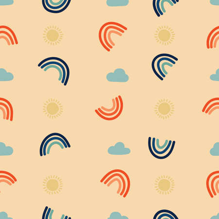 Seamless pattern of blue and orange rainbow with blue clouds and yellow sun with beige background and with a minimal and trendy styleのイラスト素材