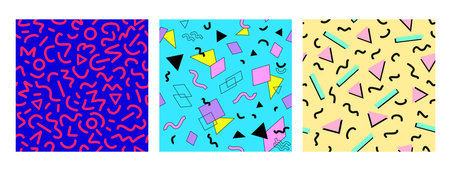 90's style seamless pattern collection. Memphis design with different geometric shapes. Retro 80's-90's style. Set of abstract vivid vector graphics in retro vintage styleのイラスト素材