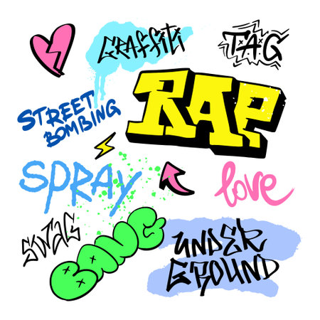Street RAP graffiti lettering elements in the grunge style with tags, drips and blobs. Urban savage spray paint art. Set creative vector design teenage graffiti cartoon for teeのイラスト素材