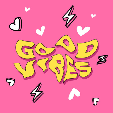 Hand written lettering Good Vibes in wave shape on pink background. A good vibes sticker design template. Vector illustration.のイラスト素材