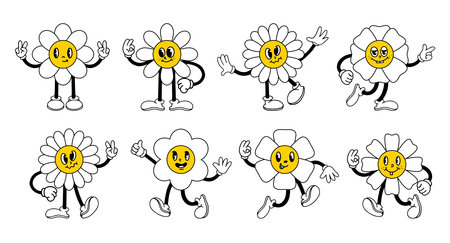 Funny cartoon flower characters. Set of comic emotion daisy with elements in trendy retro cartoon groovy style. Hands in gloves and feet in retro shoes. Vector illustration.のイラスト素材