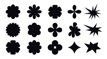 Black template shapes of flowers and blobs on a white background. Chamomile, star, blob and other elements in a fashionable retro style. Vector illustration.のイラスト素材