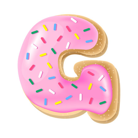 Vector pink letter G from donut alphabet. Sweet tasty cookie font. Food illustrationのイラスト素材