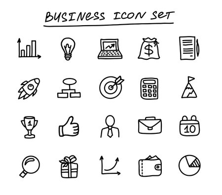 Business outline vector icons set for management, finance, strategy, marketing. Hand drawn doodle illustration on white background for mobile concepts and web appsのイラスト素材