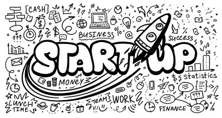 Business start up doodles with rocket icons set. Vector illustration.のイラスト素材
