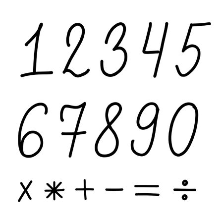 Hand drawn numbers vector isolated on white background. Line art, plus, minus, multiply, divide mathematical symbols, hand drawing vector illustration.のイラスト素材
