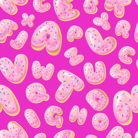 Seamless pattern with letters donuts in realistic style on the pink background, 3d. Design for packaging, textures, prints, fabrics. Vector illustration. Cake and cookiesのイラスト素材