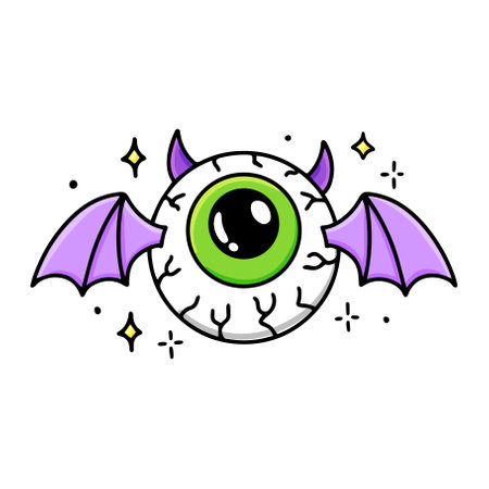Cartoon flying evil bat monster with wings and human eye. Halloween vector illustration. Isolated scary icon on white background.のイラスト素材