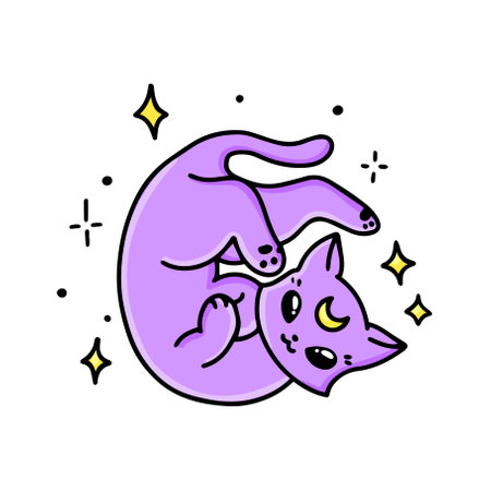Funny cat of a sorceress, a wizard. Enchanted. Moon symbol in the forehead. The witch's assistant. A graphic element of Halloween. Vector illustration of witchcraft, black magic.のイラスト素材