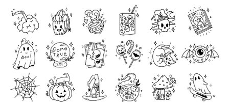 Set Halloween outline stickers. Collection of pumpkin, tarot cards, brain, potion, ghost, divination ball, spider web, witch hat, cauldron, candies, juice, spell book, cat, skullのイラスト素材
