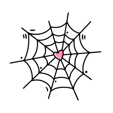 Pink heart in cobweb. Love Trap. Spooky Halloween Spiderweb for party decoration. Isolated object on white background, clipart. Vector illustration.のイラスト素材