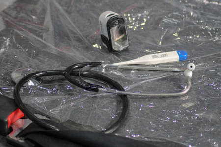 Medical material necessary for patient care, thermometer, stethoscope and saturometerの写真素材