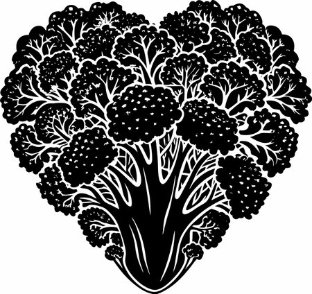 Black and White Illustration of a Broccoli Plant in Shape of Heartのイラスト素材
