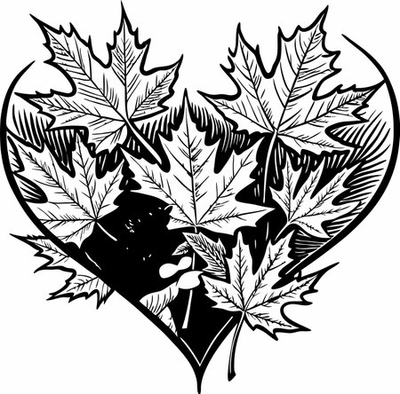 Black and White Maple Leaves Heart.Vector illustration ready for vinyl cutting.のイラスト素材