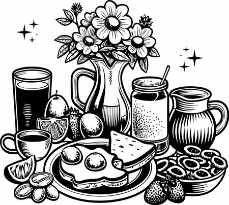 Breakfast with coffee, juice, fruits and vegetables. Vector illustration ready for vinyl cutting.のイラスト素材