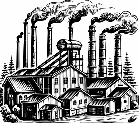 Industrial chimneys. Vector illustration in black and white colors.のイラスト素材