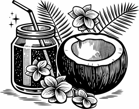 Coconut Drink and Leaves. Black and White Vector Illustrationのイラスト素材