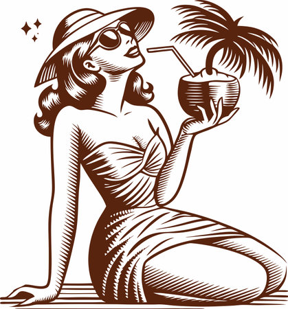 Beautiful girl with coconut cocktail. Vector illustration ready for vinyl cutting.のイラスト素材