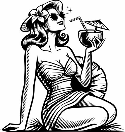 Beautiful Woman with Cocktail.Vector illustration ready for vinyl cutting.のイラスト素材