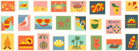 vintage summer post card stamp Set illustration Retro style