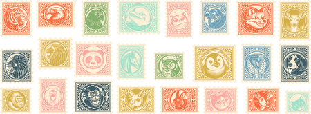 set of engraving animal face Postage Stamp Retro style postage sticker collection famous animalのイラスト素材
