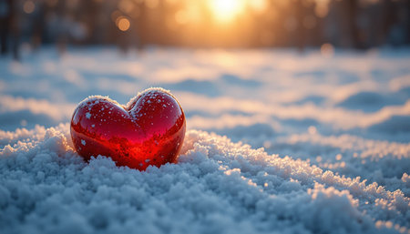 A vibrant red heart-shaped ornament sits gently in the pristine white snow, with the warm glow of a setting sun casting a golden hue in the background. The heart is dusted with a light layer of snowflakes, creating a serene and romantic atmosphere. The contrast between the red heart and the snowy landscape highlights the beauty of winter and the warmth of love.の素材